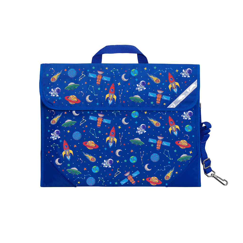 Harlequin Safety Library bag in Royal Blue with Galaxy Boy design from the Harlequin Creatix Signature Series. Front angle view displaying carry handle, easy open velcro strap, reflector safety strip, reinforced corners and shoulder strap.