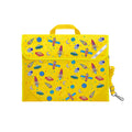 Harlequin Safety Library bag in Yellow with Galaxy Boy design from the Harlequin Creatix Signature Series. Front angle view displaying carry handle, easy open velcro strap, reflector safety strip, reinforced corners and shoulder strap.