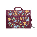 Harlequin Safety Library bag in Maroon with Jurassic design from the Harlequin Creatix Signature Series. Front view displaying carry handle, easy open velcro strap, reflector safety strip, reinforced corners and shoulder strap.