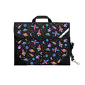 Harlequin Safety Library bag in Black with Galaxy Girl design from the Harlequin Creatix Signature Series. Front view displaying carry handle, easy open velcro strap, reflector safety strip, reinforced corners and shoulder strap.