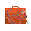 Harlequin Safety Library bag in Orange with Galaxy Girl design from the Harlequin Creatix Signature Series. Front view displaying carry handle, easy open velcro strap, reflector safety strip, reinforced corners and shoulder strap.