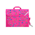Harlequin Safety Library bag in Pink with Galaxy Girl design from the Harlequin Creatix Signature Series. Front view displaying carry handle, easy open velcro strap, reflector safety strip, reinforced corners and shoulder strap.