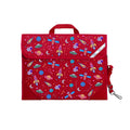 Harlequin Safety Library bag in Red with Galaxy Girl design from the Harlequin Creatix Signature Series. Front view displaying carry handle, easy open velcro strap, reflector safety strip, reinforced corners and shoulder strap.