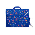 Harlequin Safety Library bag in Royal Blue with Galaxy Girl design from the Harlequin Creatix Signature Series. Front view displaying carry handle, easy open velcro strap, reflector safety strip, reinforced corners and shoulder strap.