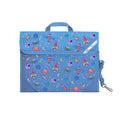 Harlequin Safety Library bag in Sky Blue with Galaxy Girl design from the Harlequin Creatix Signature Series. Front view displaying carry handle, easy open velcro strap, reflector safety strip, reinforced corners and shoulder strap.