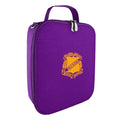 Harlequin lunch bag in purple colour front side angle displaying carry handle, durable water repellent material with Scarborough State School logo