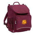 Mighty backpack in colour Maroon, front side angle displaying carry handle, padded shoulder straps, top zipper compartment, front zipper pocket and mesh water bottle holder with Scarborough State School logo