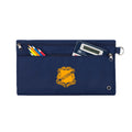 Harlequin navy pencil case front angle displaying two zip compartments and D-ring with Scarborough State School logo