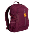 Maroon Harlequin Quantum Bag front view with two compartments with zip closure, light reflectors on the front pocket and adjustable straps and bottle holder on the sides of the bag and Scarborough State School logo