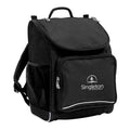 Mighty backpack in colour black, front side angle displaying carry handle, padded shoulder straps, top zipper compartment, front zipper pocket and mesh water bottle holder with Singleton Primary School logo