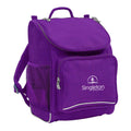 Mighty backpack in colour purple, front side angle displaying carry handle, padded shoulder straps, top zipper compartment, front zipper pocket and mesh water bottle holder with Singleton Primary School logo