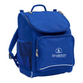 Mighty backpack in colour royal, front side angle displaying carry handle, padded shoulder straps, top zipper compartment, front zipper pocket and mesh water bottle holder with Singleton Primary School logo