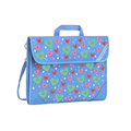 Harlequin Safety Library bag in Pink with Sweet Hearts design from the Harlequin Creatix Signature Series. Sweetheart patterns on Sky Blue Safety Library  Bag.Front angle view displaying carry handle, easy open velcro strap, reflector safety strip, reinforced corners and shoulder strap.