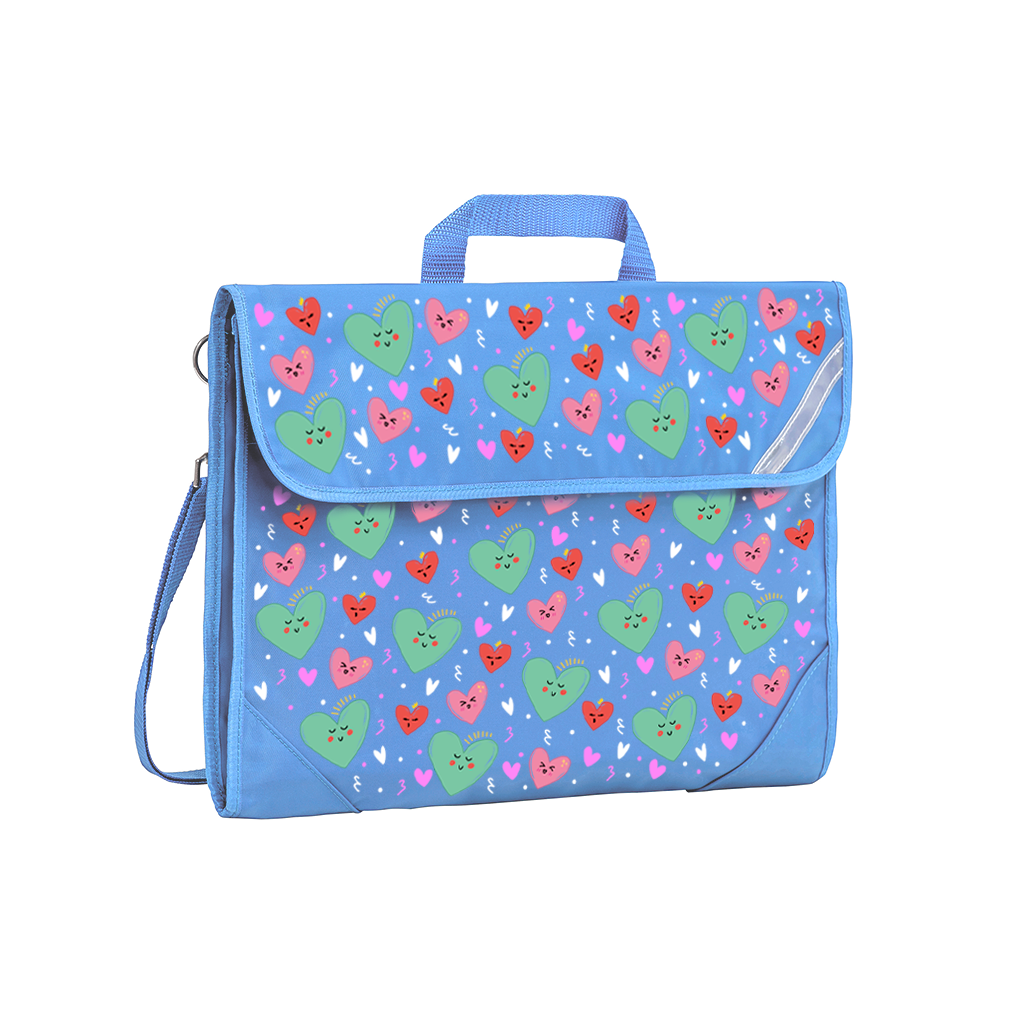 Harlequin Safety Library bag in Pink with Sweet Hearts design from the Harlequin Creatix Signature Series. Sweetheart patterns on Sky Blue Safety Library  Bag.Front angle view displaying carry handle, easy open velcro strap, reflector safety strip, reinforced corners and shoulder strap.