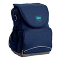 Somerset Primary School  Ergo Tuff-Pack backpack Navy. Front side angle, padded shoulder straps, two zipper compartments, front zipper pocket, D-Ring and mesh water bottle.