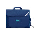 Harlequin Safety Library bag in Navy displaying carry handle, velcro opening, shoulder strap, reflector safety strip, reinforced corners and Somerset Primary School logo