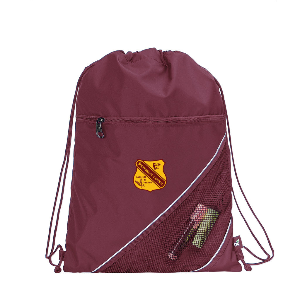 Harlequin maroon eco sprint bag displaying drawstring opening, top zipper, external zippered pocket, and d-ring trinket holder