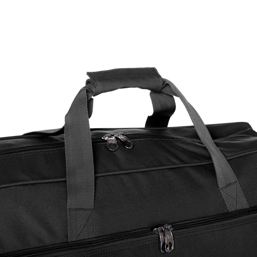 Black Sports Bag side view handle and zipper close up.