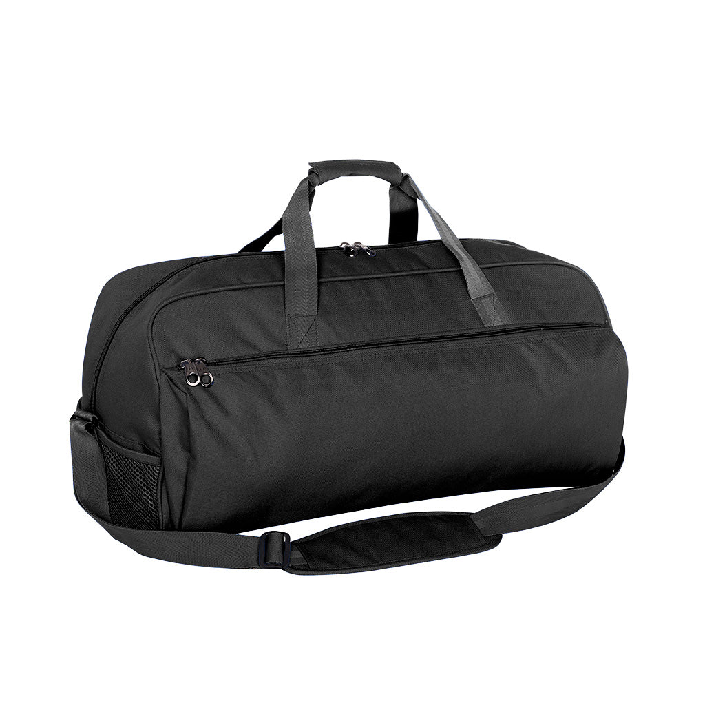 Harlequin Sports Bag in Black front angle displaying carry handles, top zip compartment, front lower zip compartment and shoulder strap 
