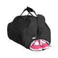 Harlequin Sports Bag in Black side angle displaying carry handles, top zip compartment, front lower zip compartment and shoulder strap with shoe pocket