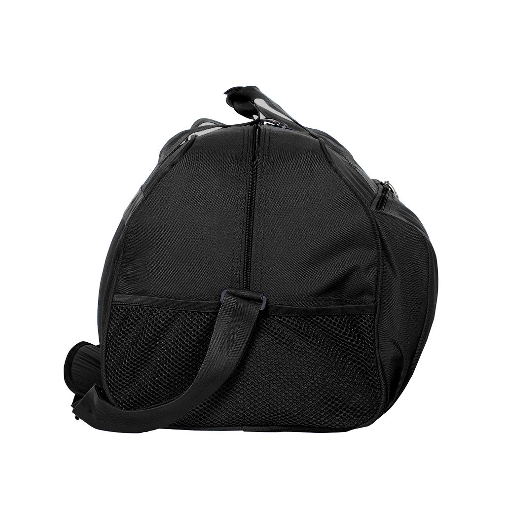 Black Sports Bag side view with adjustable shoulder strap, zip pockets and shoe space. 