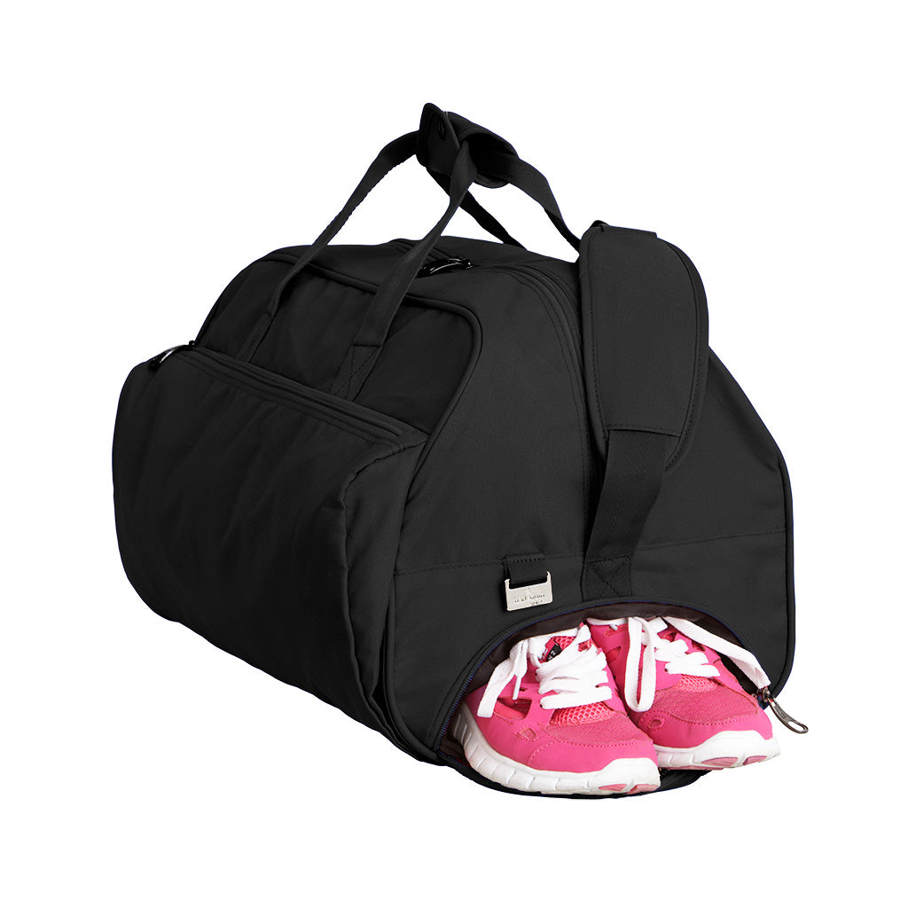 Black Sports Bag side view with adjustable shoulder strap, zip pockets and shoe space. 
