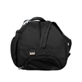 Black Sports Bag side view with adjustable shoulder strap, zip pockets and shoe space. 