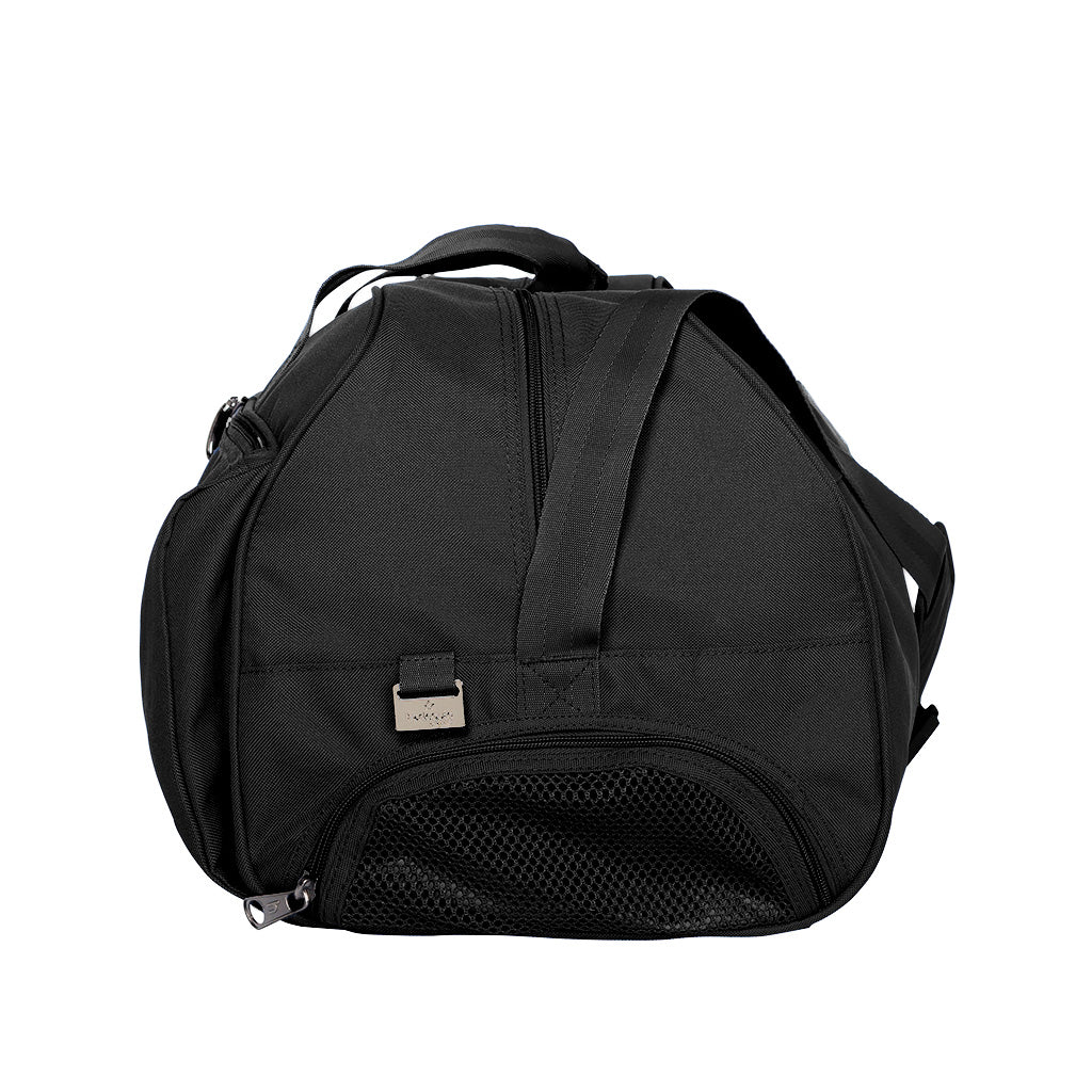 Black Sports Bag side view with adjustable shoulder strap, zip pockets and shoe space. 