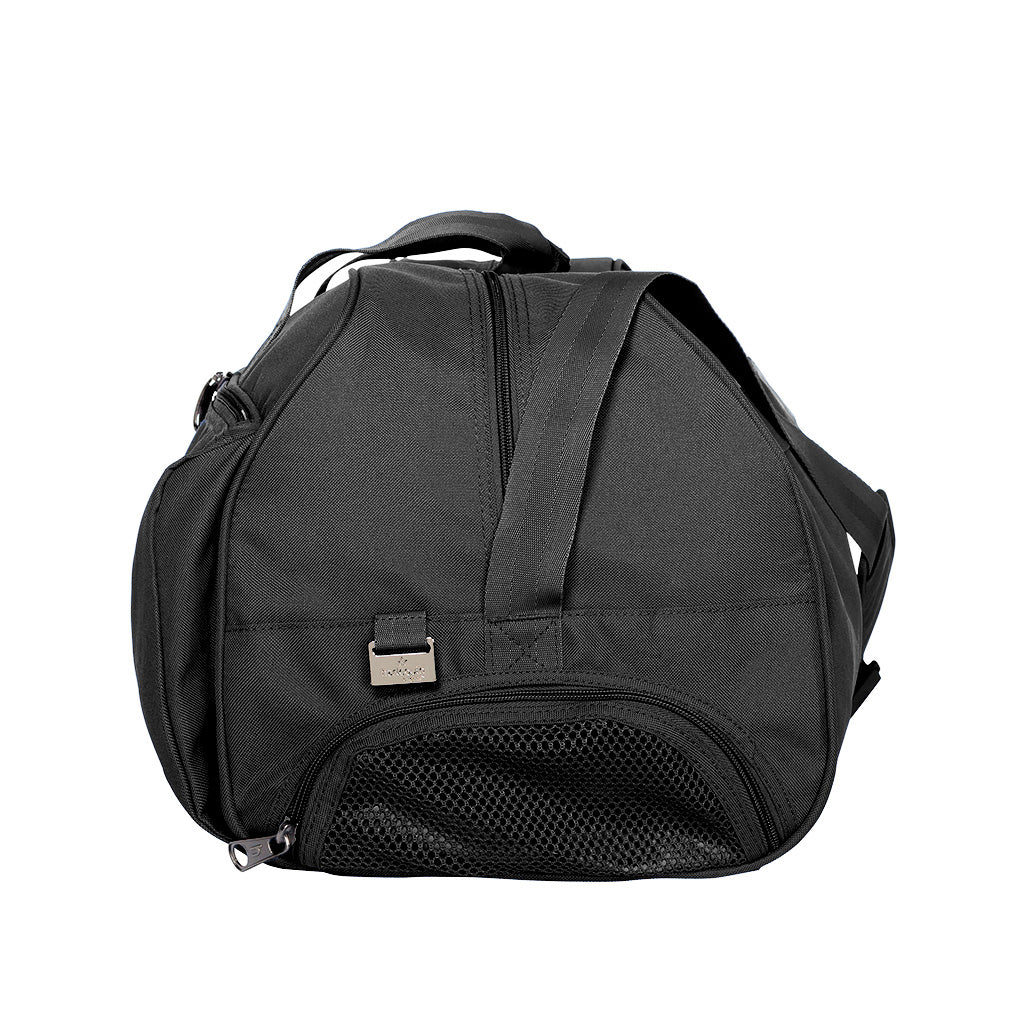 Harlequin Sports Bag in Black side angle displaying carry handles, top zip compartment, front lower zip compartment and shoulder strap with shoe pocket