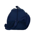 Harlequin sports Bag in Navy Blue side angle displaying carry handles, top zip compartment, front lower zip compartment, shoulder strap and side mesh pocket