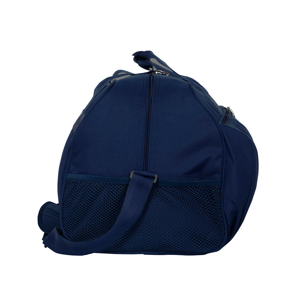 Harlequin sports Bag in Navy Blue side angle displaying carry handles, top zip compartment, front lower zip compartment, shoulder strap and side mesh pocket