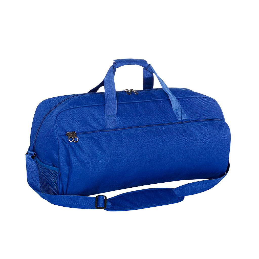 Harlequin Sports Bag in Royal front angle displaying carry handles, top zip compartment, front lower zip compartment and shoulder strap 