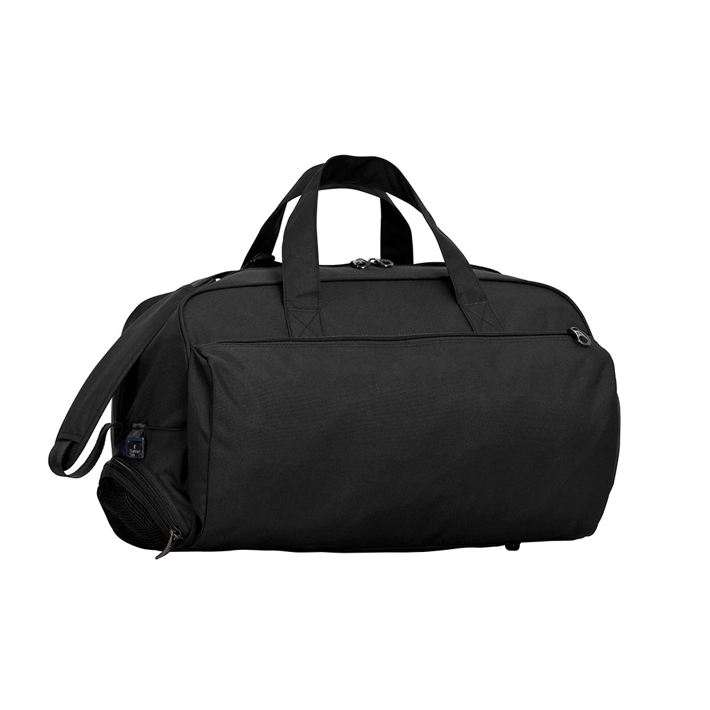 Black Sports Bag front view with adjustable shoulder strap, zip pockets and shoe space. 