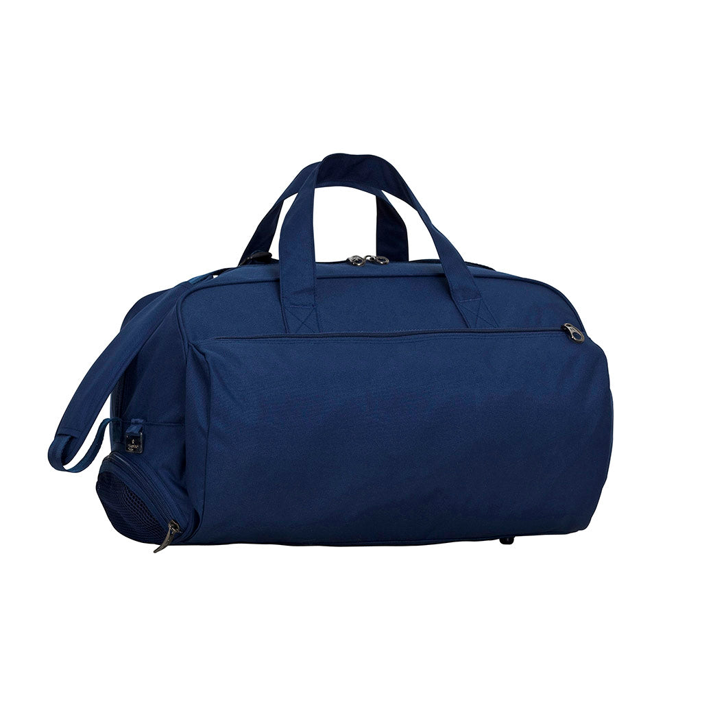 Navy Harlequin sport Bag front angle displaying carry handles, top zip compartment, front lower zip compartment and shoulder strap