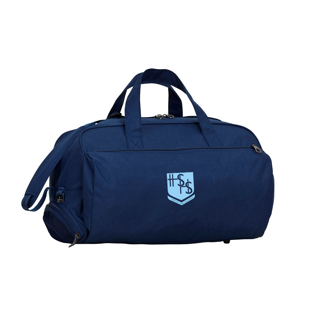  Navy Harlequin sport Bag front angle displaying carry handles, top zip compartment, front lower zip compartment and shoulder strap with  The Hills Sports High School logo