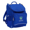 Mighty backpack in colour Royal, front side angle displaying carry handle, padded shoulder straps, top zipper compartment, front zipper pocket and mesh water bottle holder with St Colman’s School logo