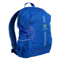 Royal Harlequin Quantum Bag front view with two compartments with zip closure, light reflectors on the front pocket and adjustable straps and bottle holder on the sides of the bag and St Colman’s School logo