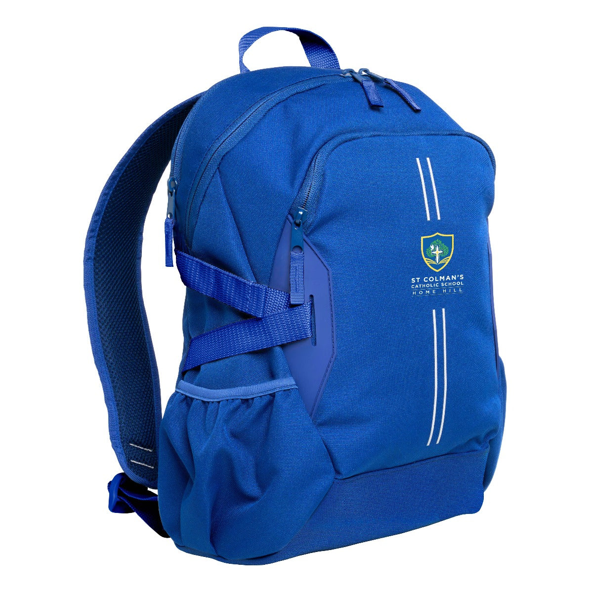 Royal Harlequin Quantum Bag front view with two compartments with zip closure, light reflectors on the front pocket and adjustable straps and bottle holder on the sides of the bag and St Colman’s School logo
