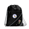 Harlequin black eco sprint bag displaying drawstring opening, top zipper, external zippered pocket, and d-ring trinket holder