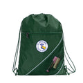Harlequin green eco sprint bag displaying drawstring opening, top zipper, external zippered pocket, and d-ring trinket holder