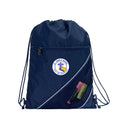 Harlequin navy eco sprint bag displaying drawstring opening, top zipper, external zippered pocket, and d-ring trinket holder