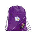 Harlequin purple eco sprint bag displaying drawstring opening, top zipper, external zippered pocket, and d-ring trinket holder