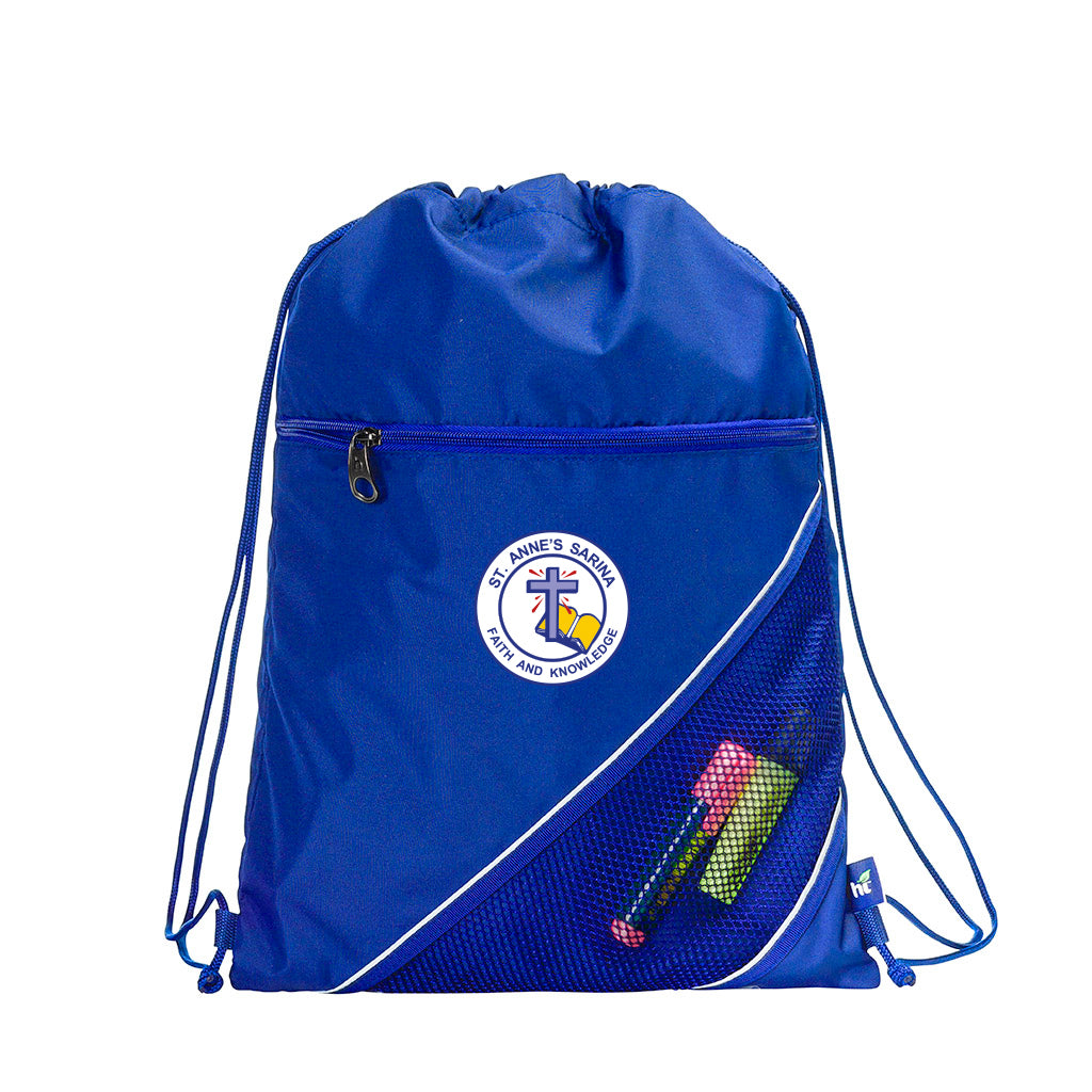 Harlequin royal eco sprint bag displaying drawstring close, top zipper, external zippered pocket, and d-ring trinket holder