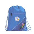 Harlequin sky blue eco sprint bag displaying drawstring opening, top zipper, external zippered pocket, d-ring trinket holder and St Anne's Catholic Primary School logo 