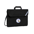 Harlequin Safety Library bag in black displaying carry handle, velcro opening, shoulder strap, reflector safety strip, reinforced corners and St Anne's Catholic Primary School logo