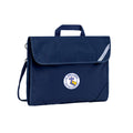 Harlequin Safety Library bag in navy displaying carry handle, velcro opening, shoulder strap, reflector safety strip, reinforced corners and St Anne's Catholic Primary School logo