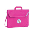 Harlequin Safety Library bag in pink displaying carry handle, velcro opening, shoulder strap, reflector safety strip, reinforced corners and St Anne's Catholic Primary School logo