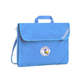Harlequin Safety Library bag in sky blue displaying carry handle, velcro opening, shoulder strap, reflector safety strip, reinforced corners and St Anne's Catholic Primary School logo