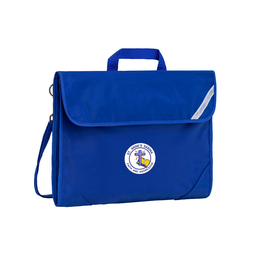 Harlequin Safety Library bag in Royal blue displaying carry handle, velcro opening, shoulder strap, reflector safety strip, reinforced corners and St Anne's Sarina logo