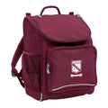 Mighty backpack in colour Maroon, front side angle displaying carry handle, padded shoulder straps, top zipper compartment, front zipper pocket and mesh water bottle holder with St Augustine's College Kyabram logo